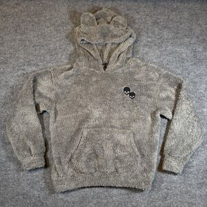Grunge Punk Womens S Skull Gray Fleece Fuzzy Hoodie 3D Ears Sweatshirt